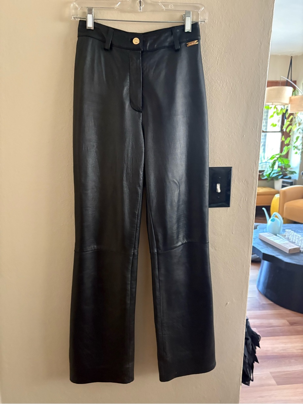 St. John Black Leather Pants with Gold Logo Button